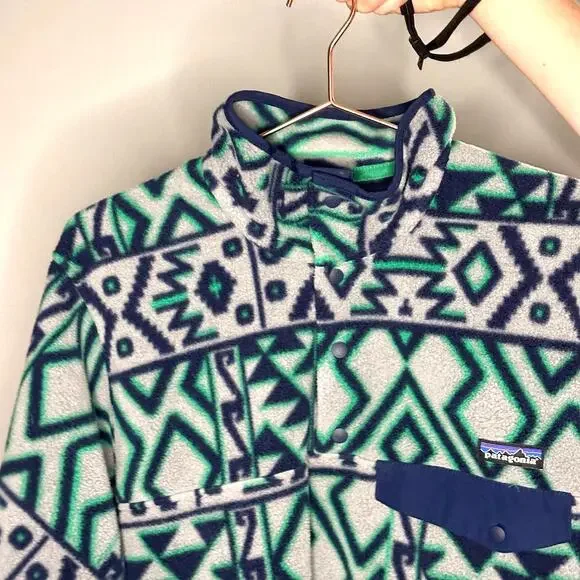 Vintage Patagonia Printed Snap-T Montana Siete Feather Grey Synchilla Size XS